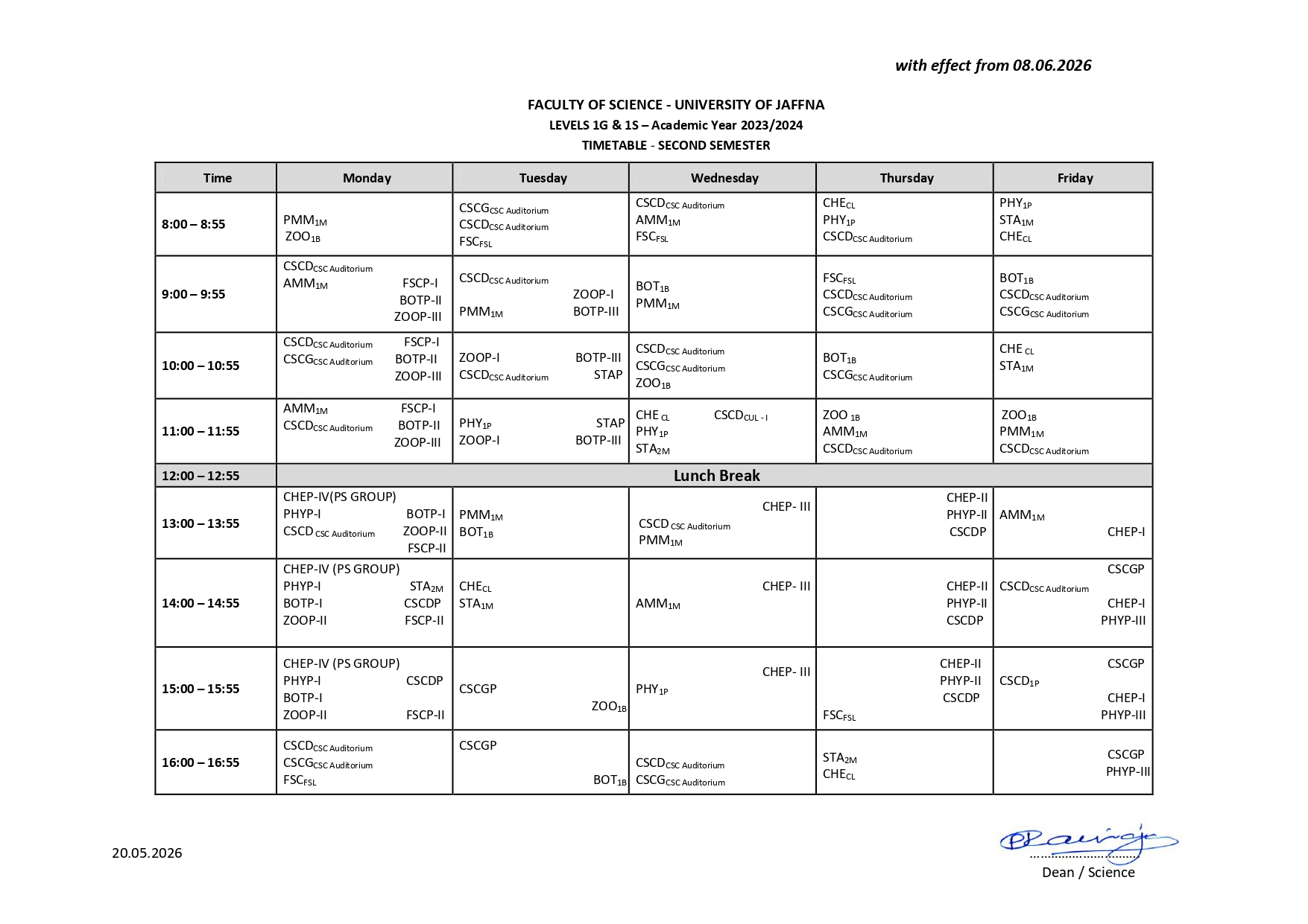 Lecture Timetables | Faculty of Science
